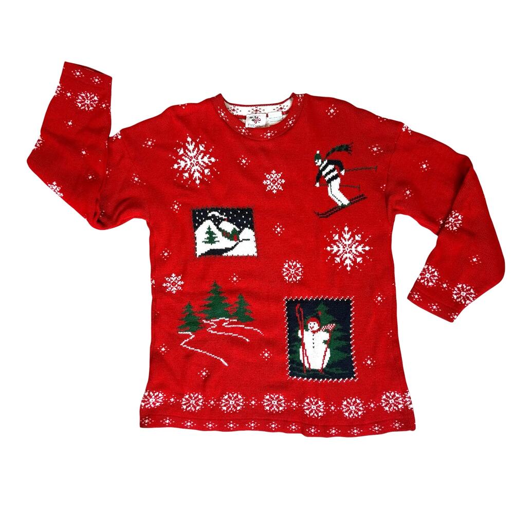 Womens Snowman Skier Ugly Sweater Medium Red Vintage Christmas USA Retro Festive